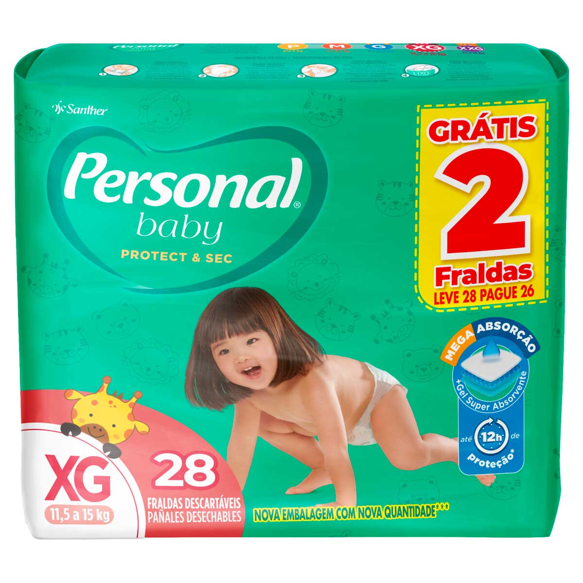 Fralda Descartável Infantil Personal Baby Protect & Sec XG Leve 28 Pague 26 Unidades