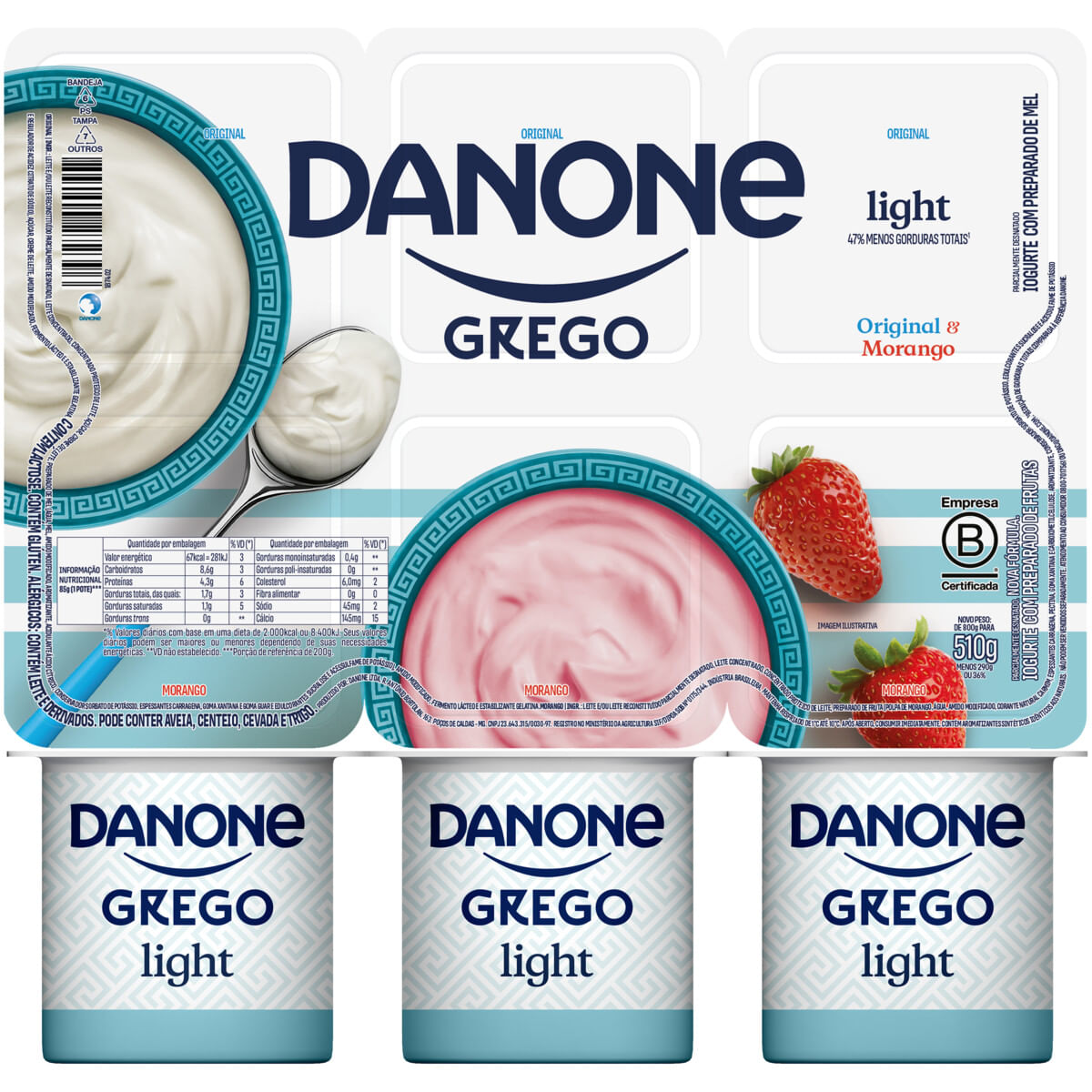 Iogurte Grego Parcialmente Desnatado Light Danone Original + Morango 510g 6 Unidades