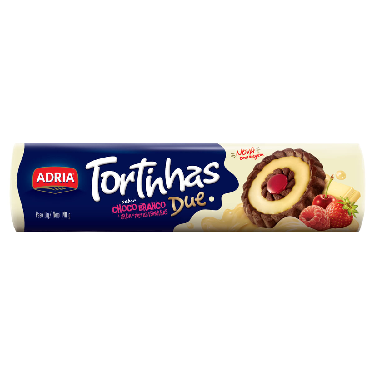 Biscoito Recheio Choco Branco e Geléia de Frutas Vermelhas Adria Tortinhas Due 140g