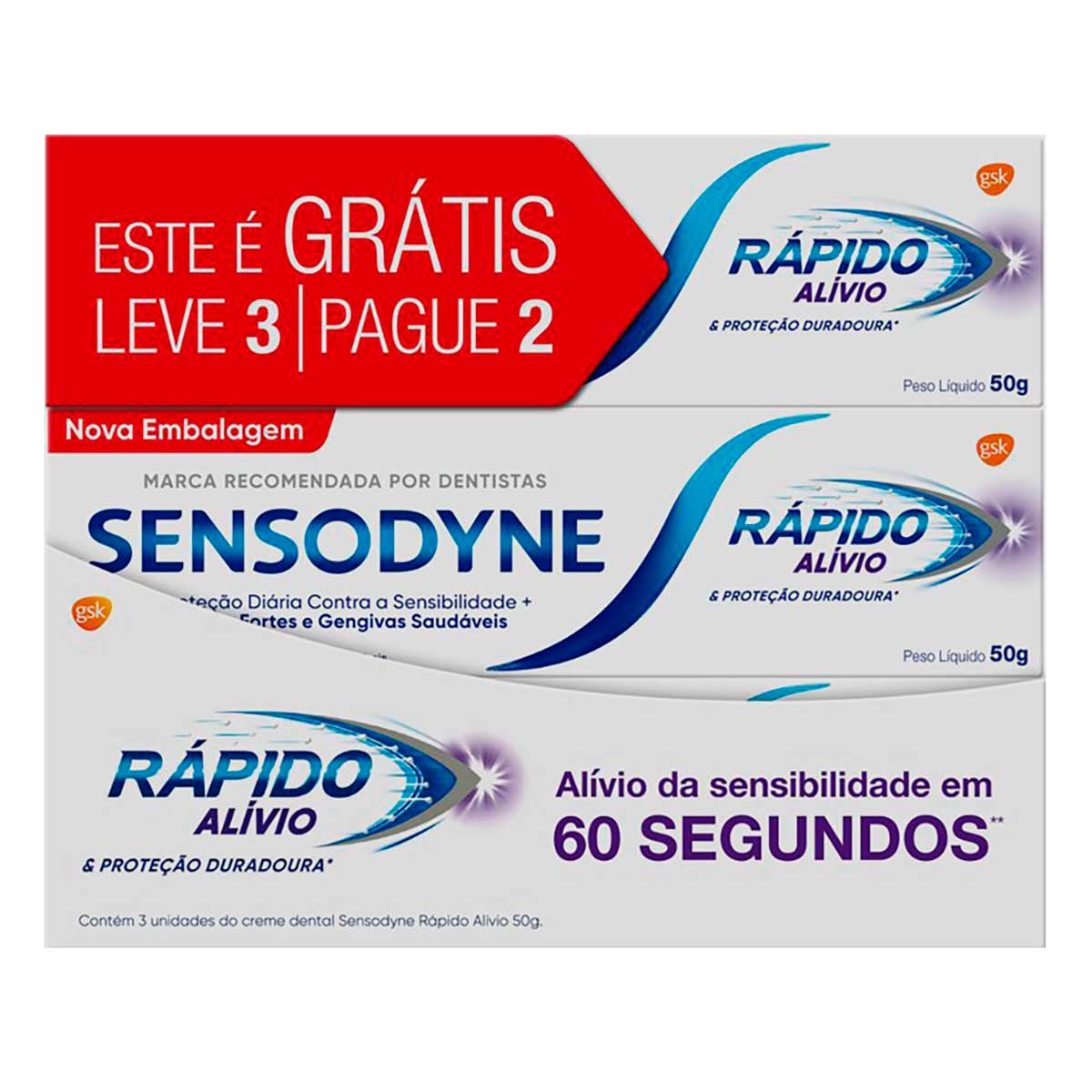 Kit Sensodyne Rápido Alívio de Creme Dental Alívio em 60 Segundos Para Dentes Sensíveis 3 Unidades de 50g