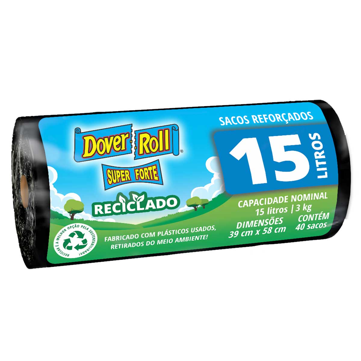 Saco de Lixo Dover Roll Reciclado Preto com 40 Unidades de 15 Litros