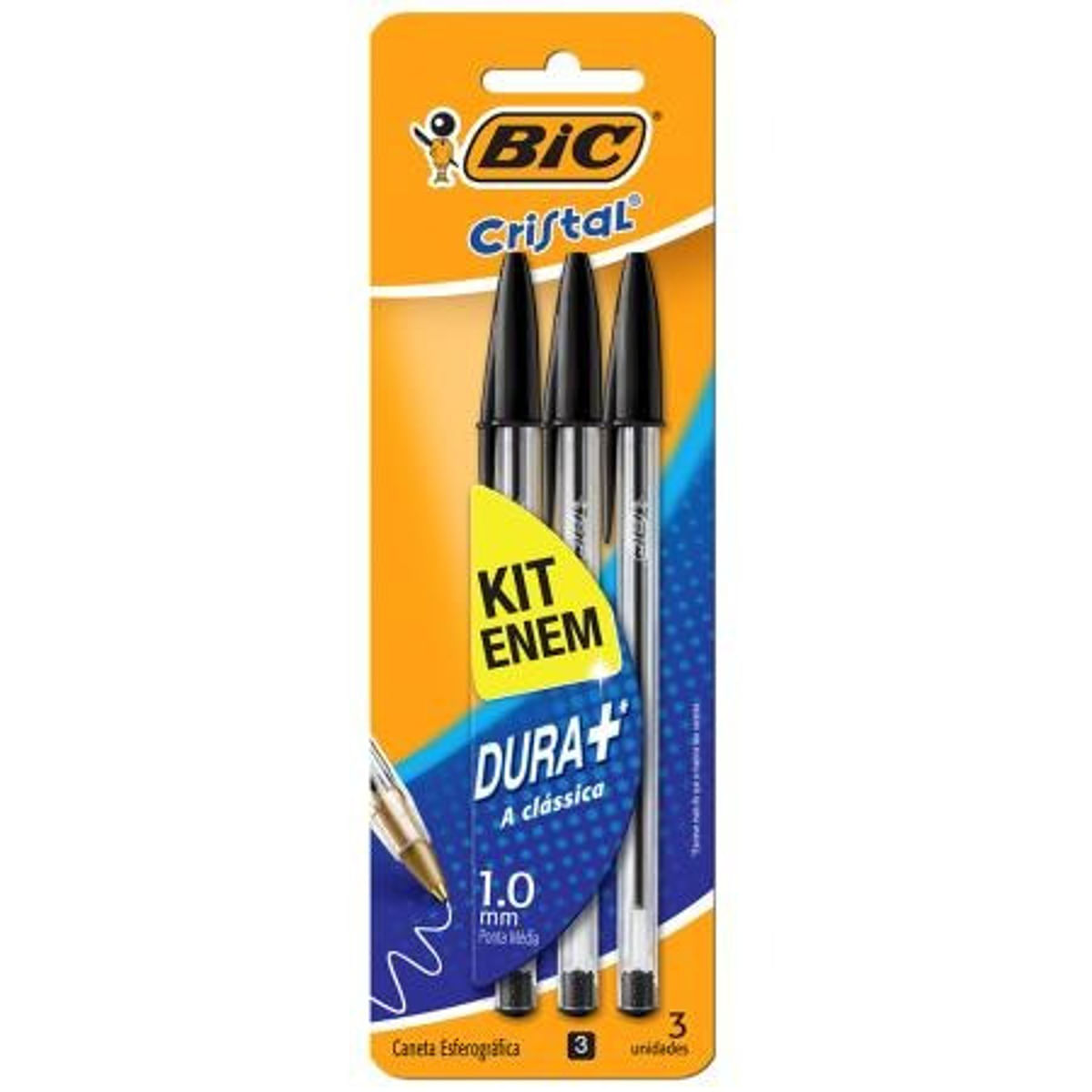 Caneta Cristal 1 mm Kit Enem 3 unidades Bic Preta