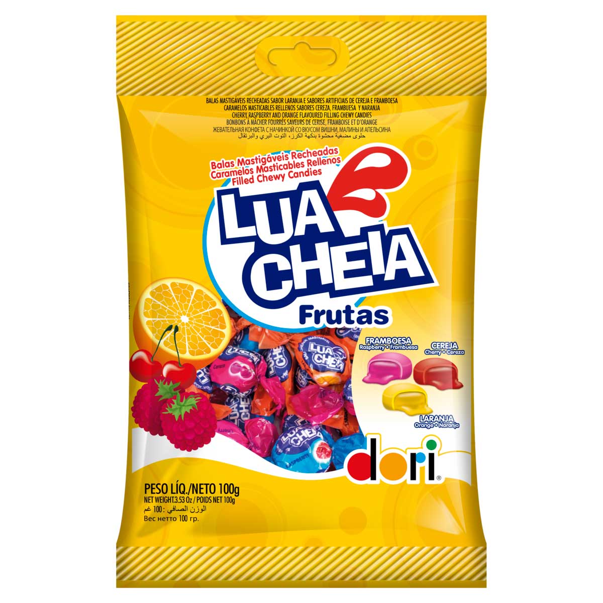 Bala Sabor Recheio Laranja, Cereja e Framboesa Dori Lua Cheia Frutas 100g