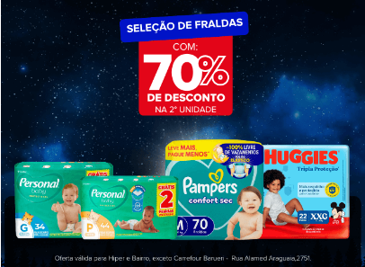 Seleção de fraldas com 70% off na 2a