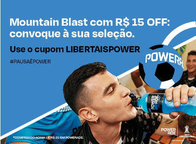Ganhe R$ 15,00 de desconto no sabor Mountain Blast da Powerade usando o cupom LIBERTAISPOWER em compras acima de R$ 35,00 da bebida.