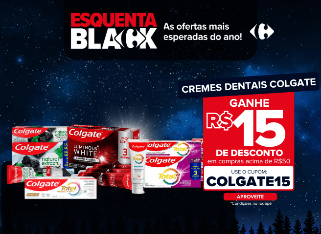 ESQUENTA BLACK: Compre R$ 50,00 em Cremes Dentais Colgate e ganhe R$ 15,00 de desconto - CUPOM: COLGATE15